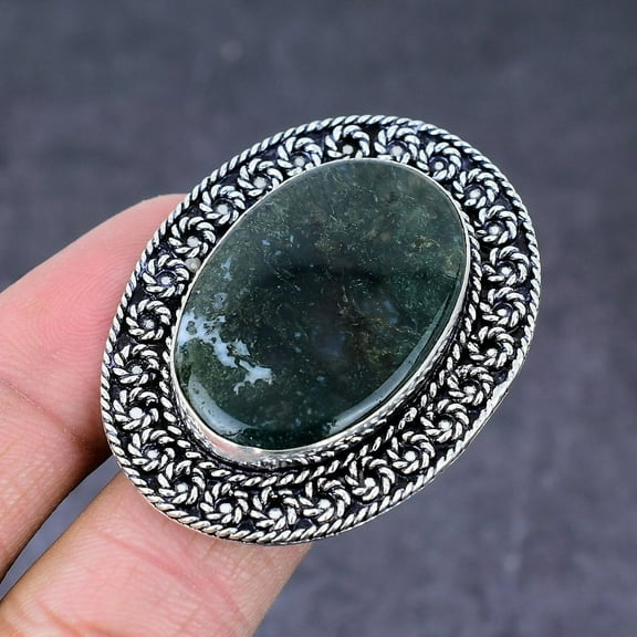 Natural Moss Agate Gemstone Handmade 925 Sterling Silver Ring Size 10