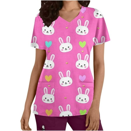 

Women Scrubs Top Easter Day Short Sleeve Workwear Casual Easter Tunics Ladies Spring Soft Comfy Nurse Uniform Tees