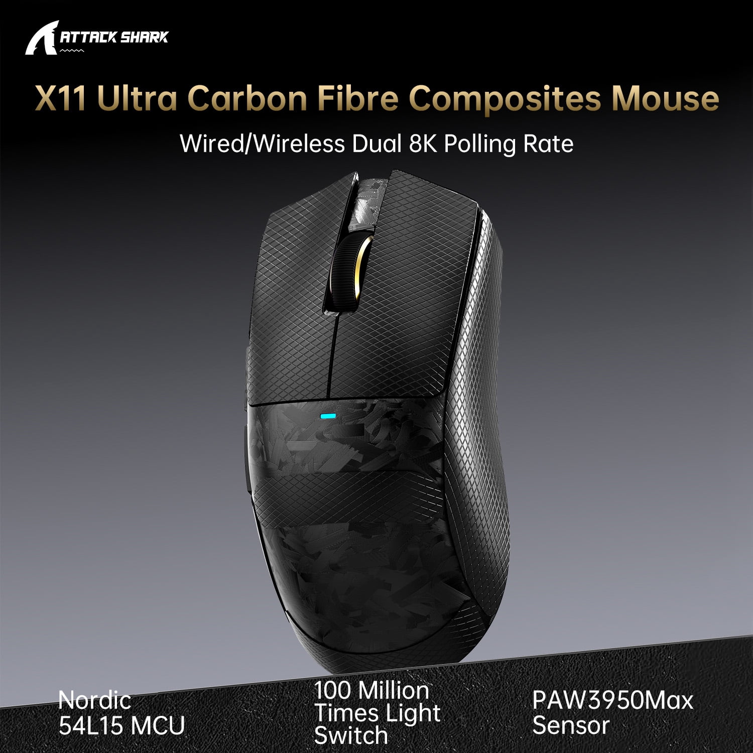 ATTACK SHARK X11 ULTRA Wireless Gaming Mouse, Tri-Mode 2.4G/BT/USB-C, PAW3950MAX, 42000 DPI, Grip Tape, PC/Mac Compatible, Black