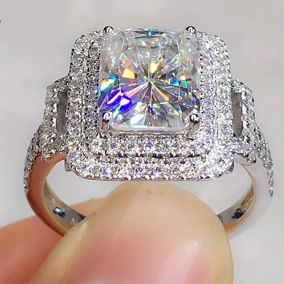Gorgeous Square Round Geometry Silver Color Ring for Women Exquisite Metal Inlaid White Stones Ring Jewelry