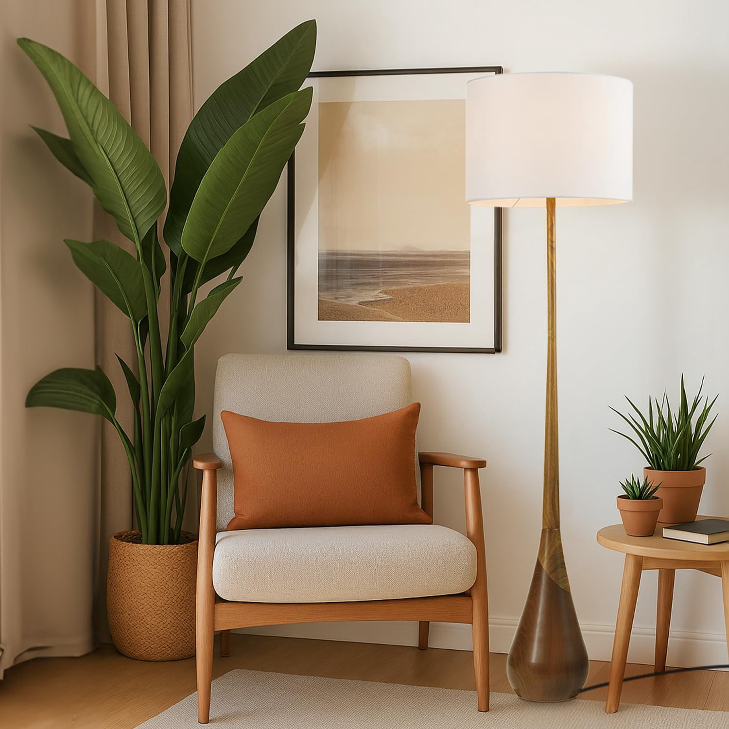 Novogratz X Harrington 65" Floor Lamp  2-tone Faux Wood Base White Fabric Shade Socket Rotary 67225