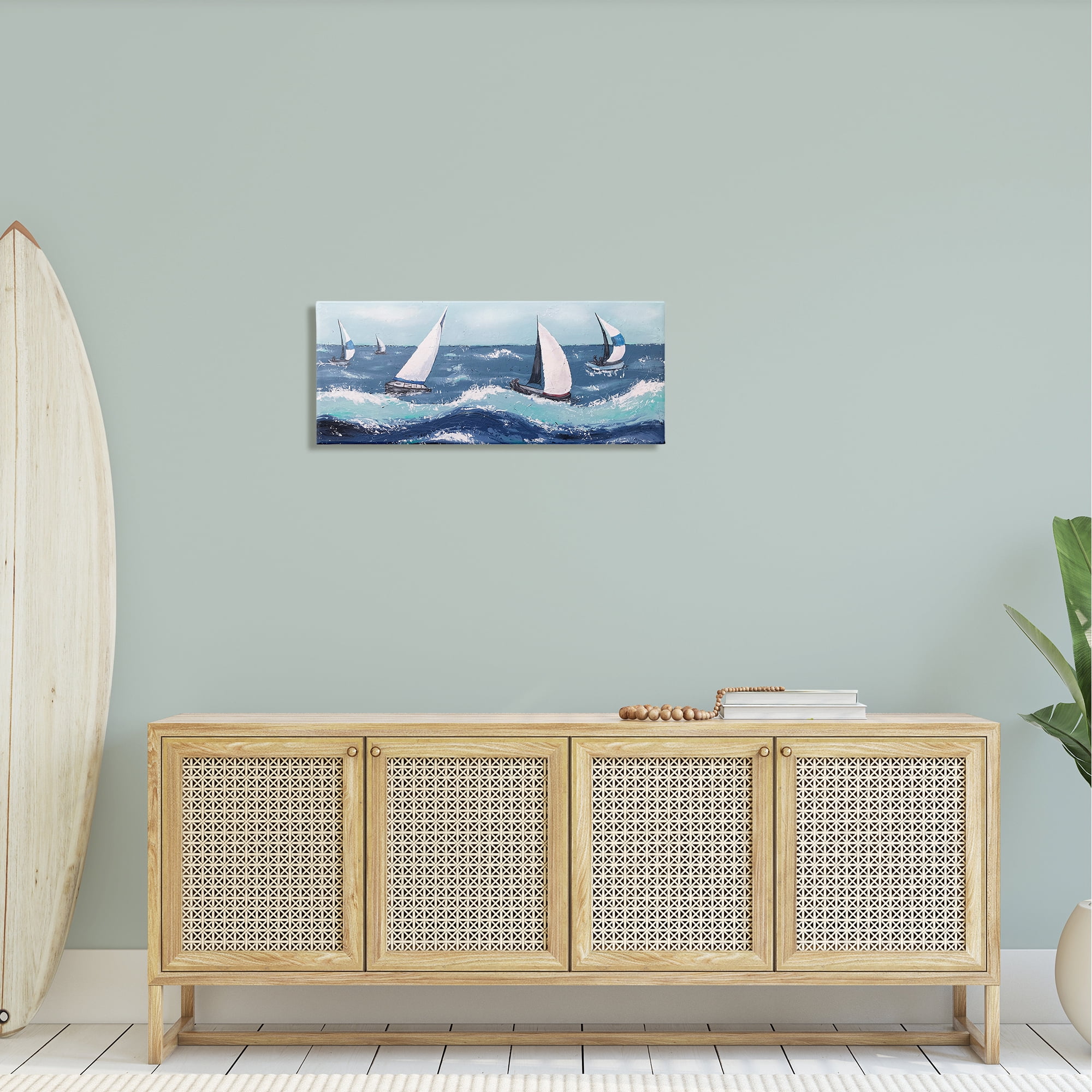 Stupell Sea Waves Splashing Sailboats Landscape Painting Gallery Wrapped Canvas Print Wall Art