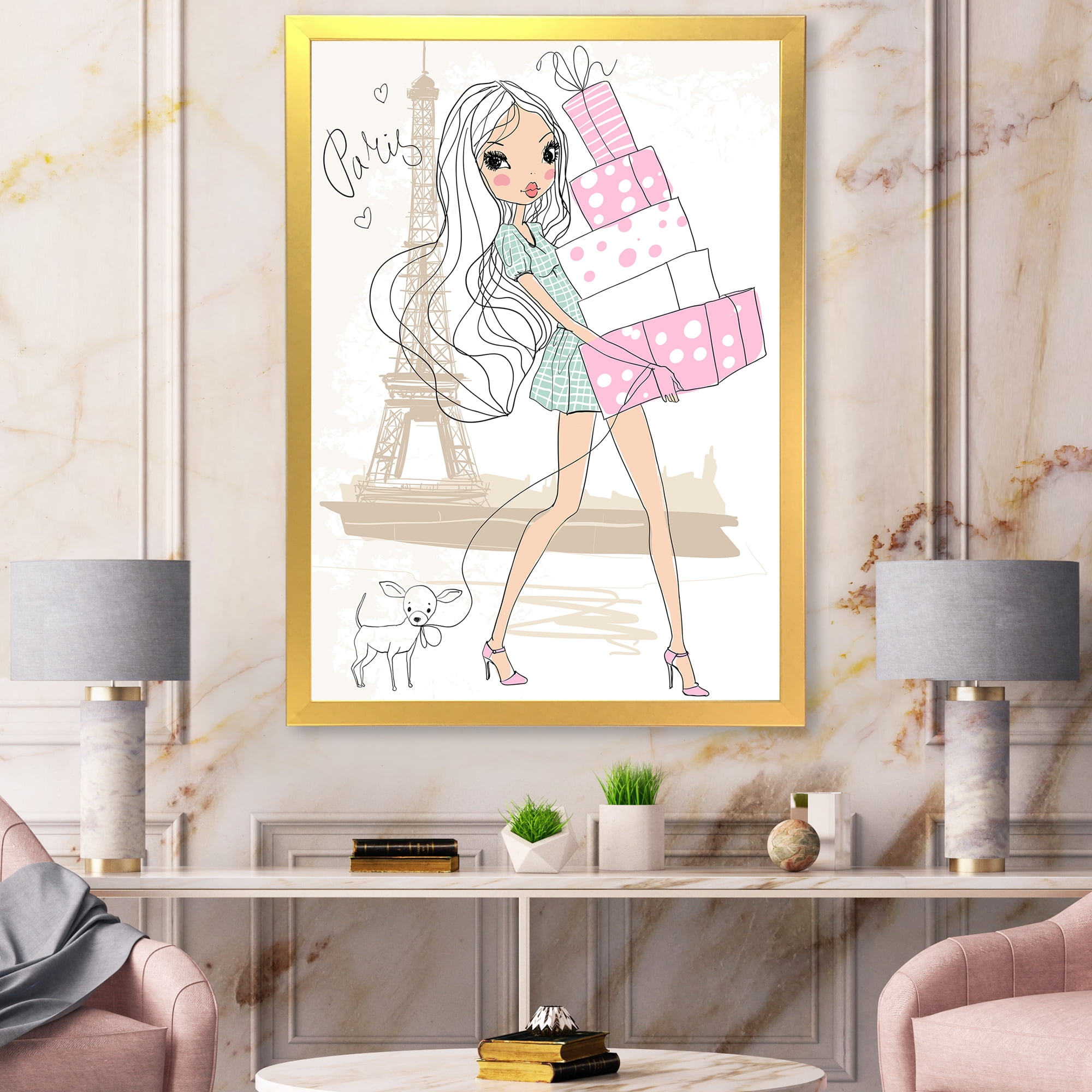 Designart 'Young Woman With Shopping Boxes In Paris' Shabby Chic Framed Art Print