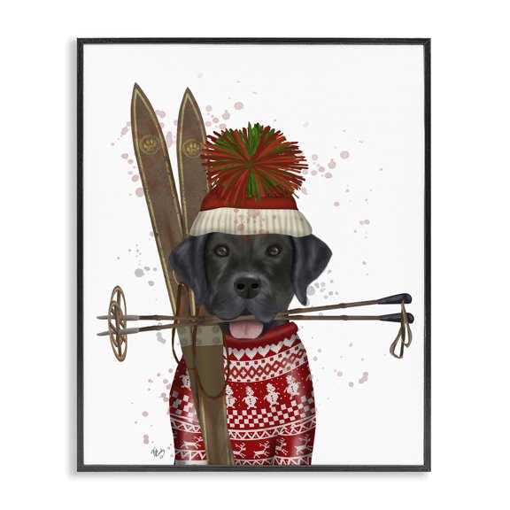 Stupell Industries Black Labrador Skiing Animals & Insects Painting Black Framed Art Prints Wall Art, 24 x 30