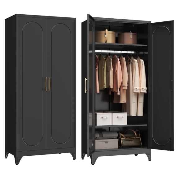 Polup 71" H Modern Steel Sturdy Armoire Cabinet with Shelves and Hanging Rod, Adult Bedroom Wardrobe Closet with Doors