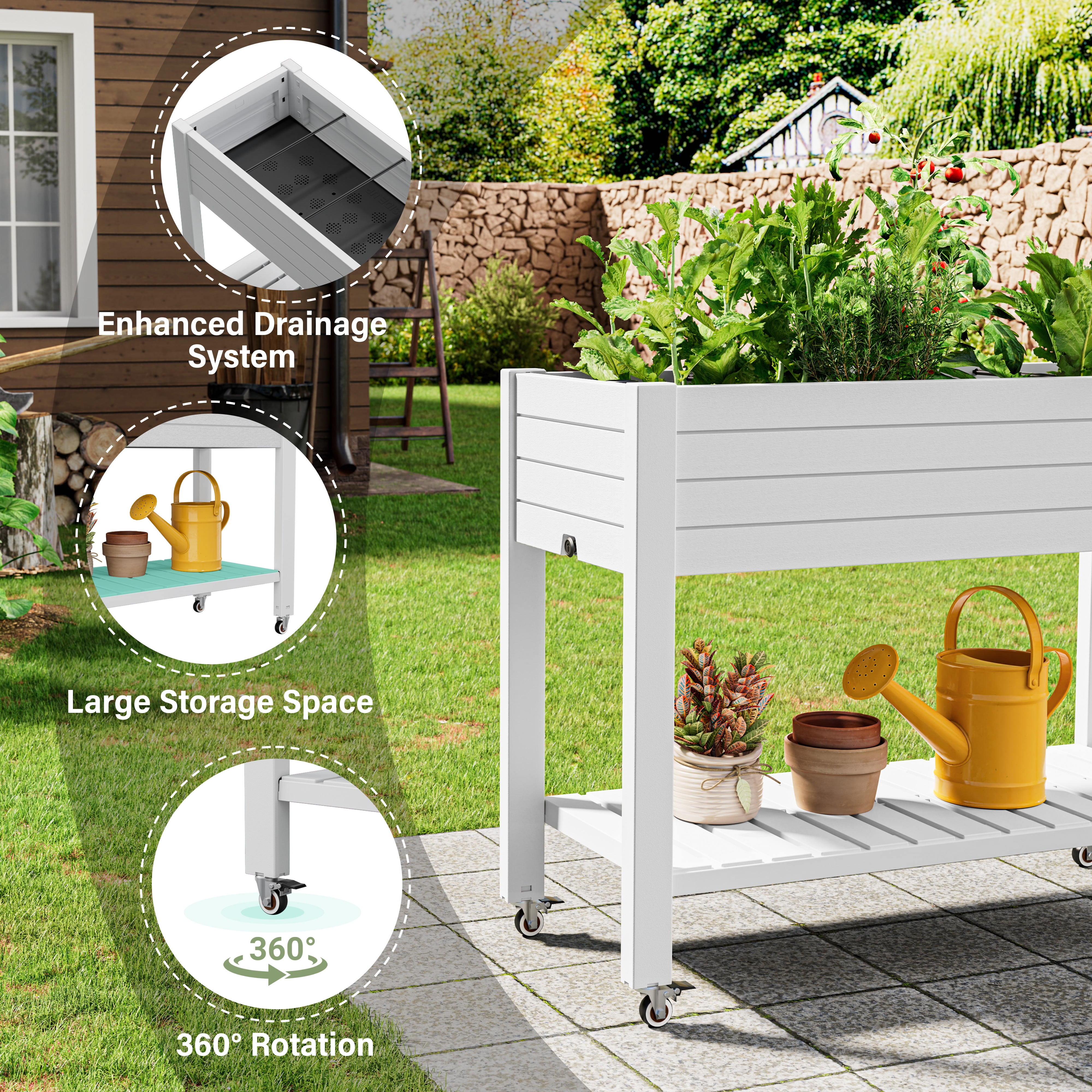 Bifanuo Raised Garden Bed with Wheels - Outdoor Elevated Planter with Weatherproof Resin, Effective Drainage for Backyard, Patio and Balcony, White