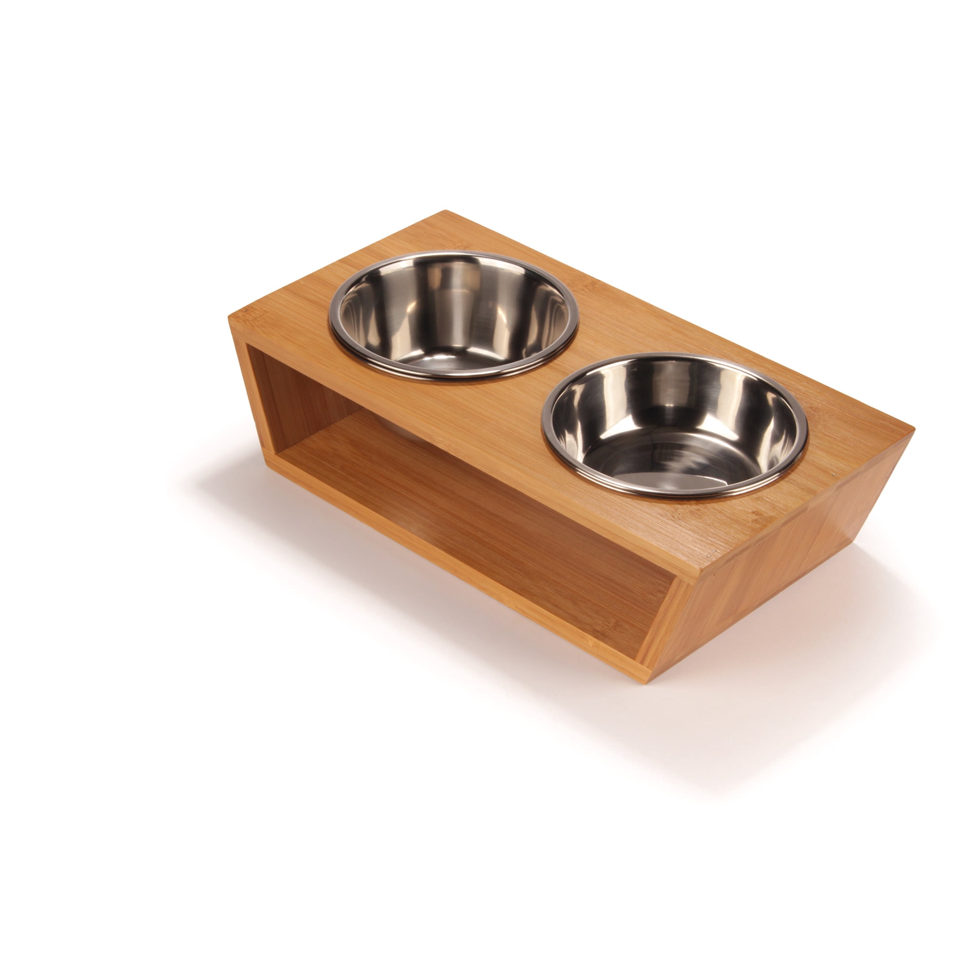 BambooMN Elevated Dog Bowl Feeder - 100% Bamboo Stand, 4 Metal Bowls for Food and Water - Small