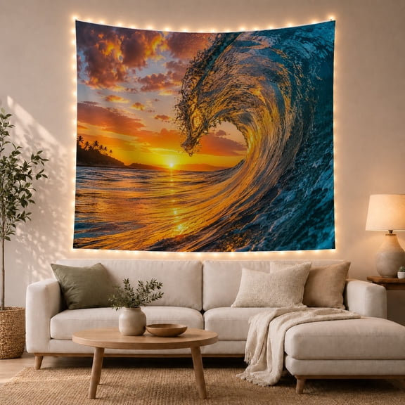 Curling Ocean Wave With Sunset and Dramatic Clouds, Dramatic Coastal for Beach Lovers, Tropical Ocean Art, Housewarming Gift Tapestry Wall Hanging for Bedroom and Living Room