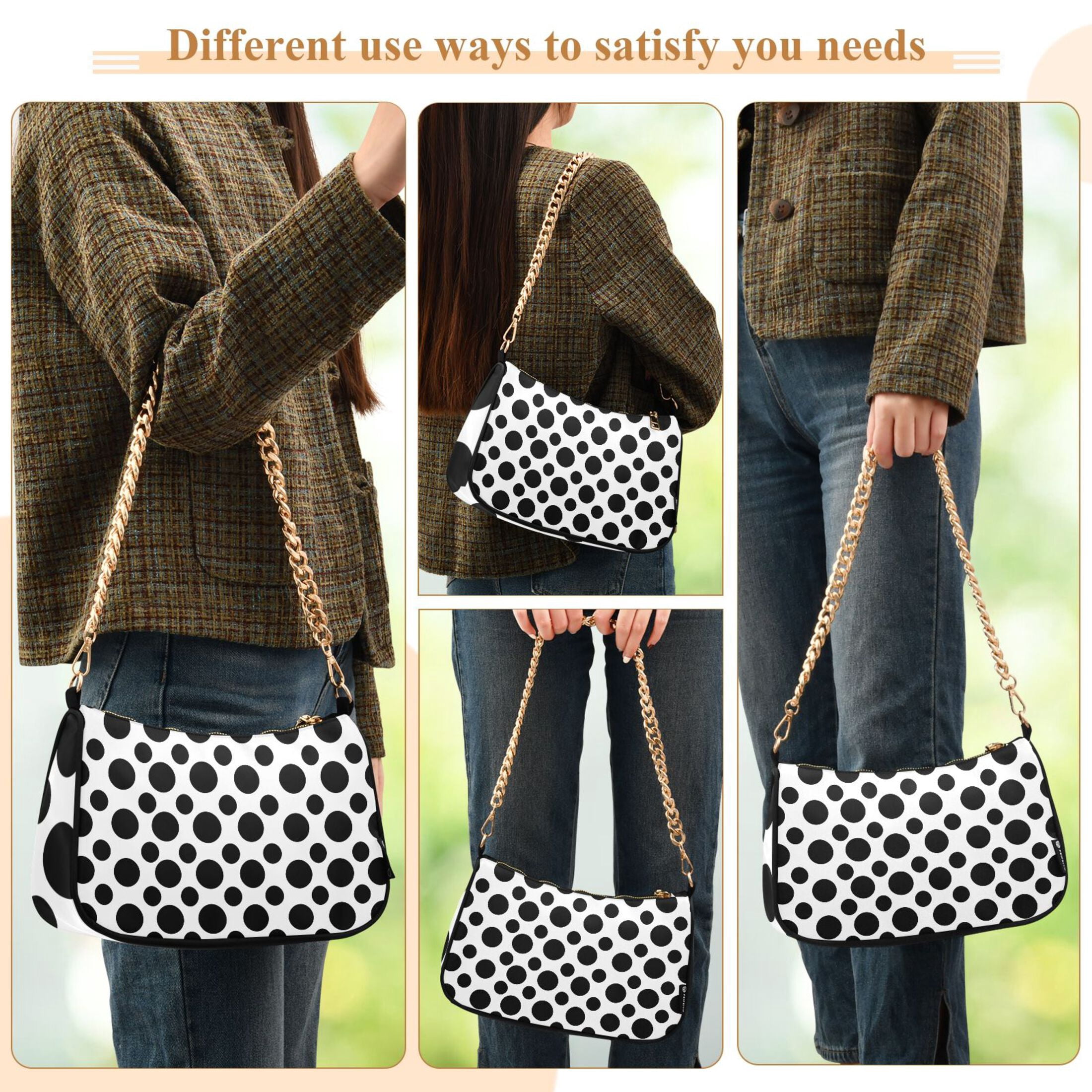 Womens Chain Shoulder Bag Black Polka Dots on White Classic Tote Handbags Fashion Clutch Hobo Purse with Zipper for Travel Casual