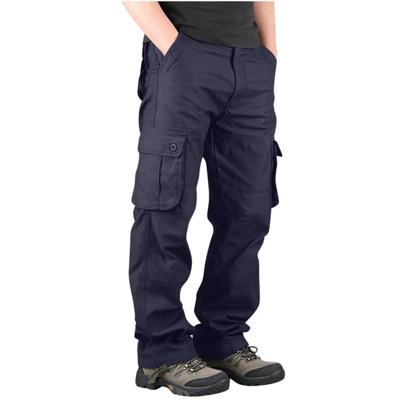 Men Cotton Cargo Pants Work Loose Straight Tactical Trousers Multi-Pocket Baggy Casual Pants Navy 34