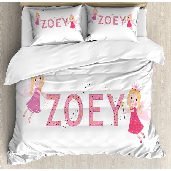 Zoey Duvet Cover Set King Size, Feminine Themed Baby Girl Name Magic Creatures Calligraphic Alphabet Letter Design, Decorative 3 Piece Bedding Set with 2 Pillow Shams, Multicolor, by Ambesonne