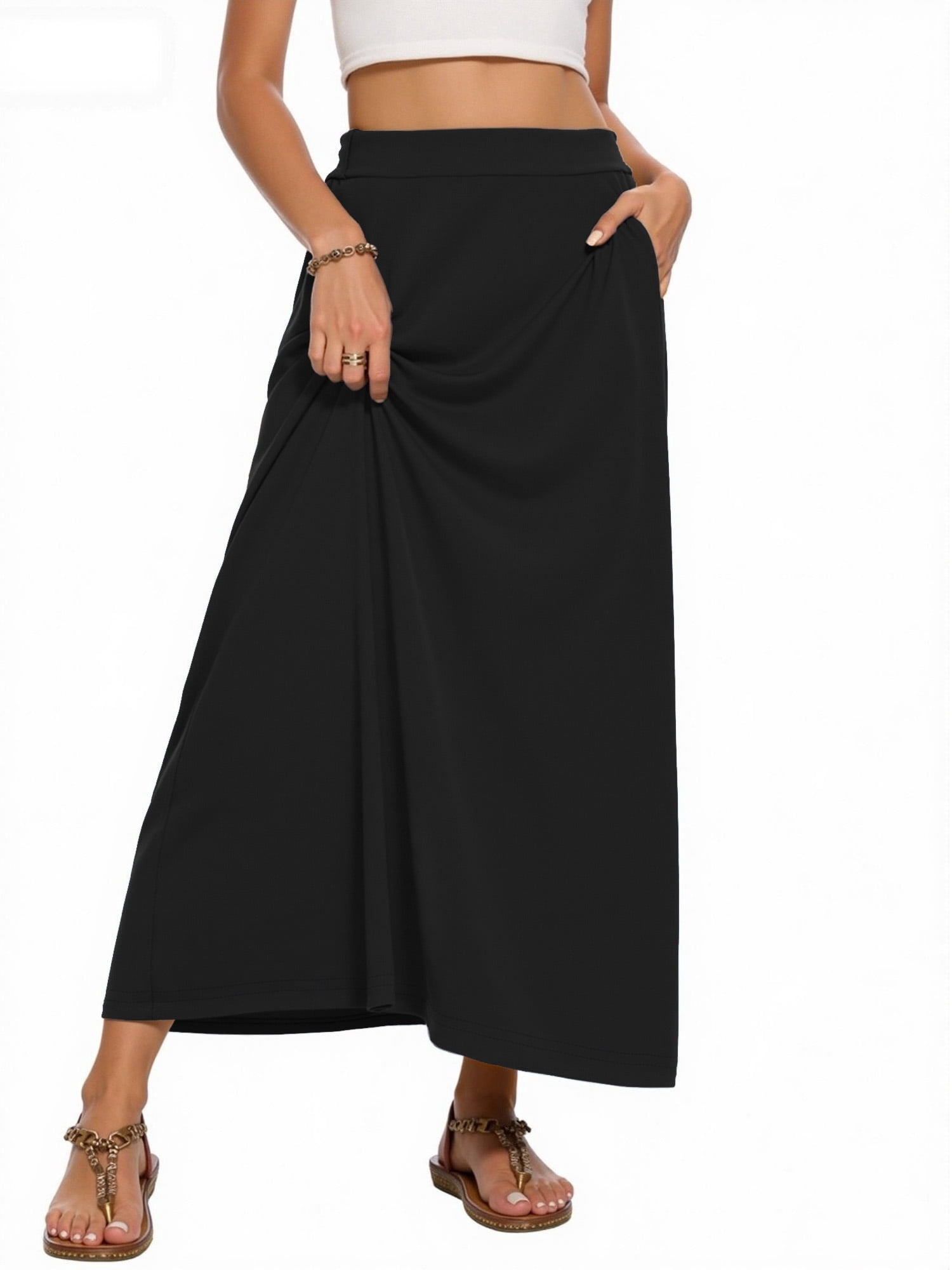 Fantaslook Long Skirts for women Boho Casual Maxi Skirt Trendy Elastic Waist Flowy Skirts with Pockets