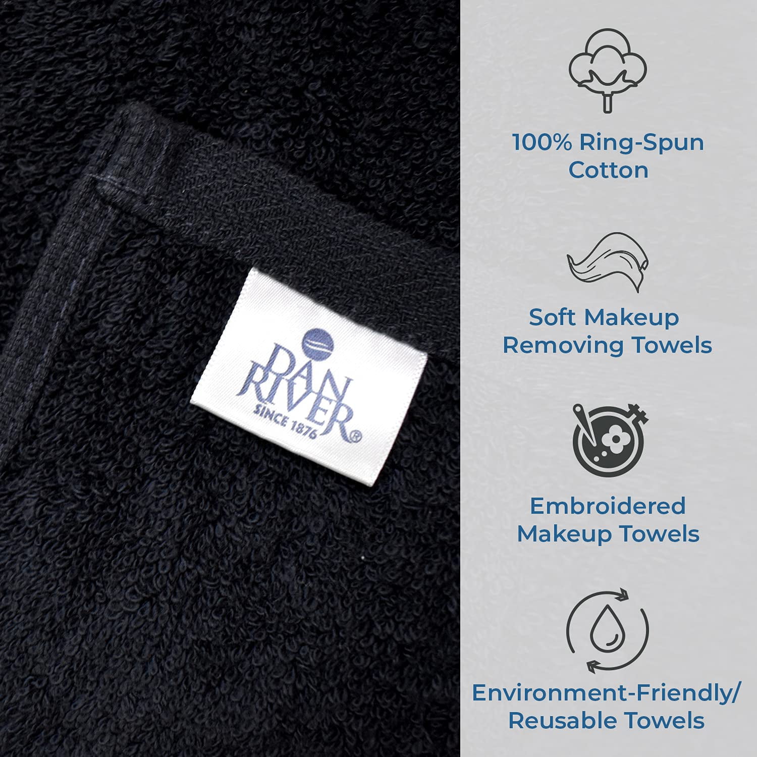 Dan River Black Washcloths 13X13 - 6 pcs Embroidered Wash Rags For Makeup Remover, Soft Cotton Face Towels