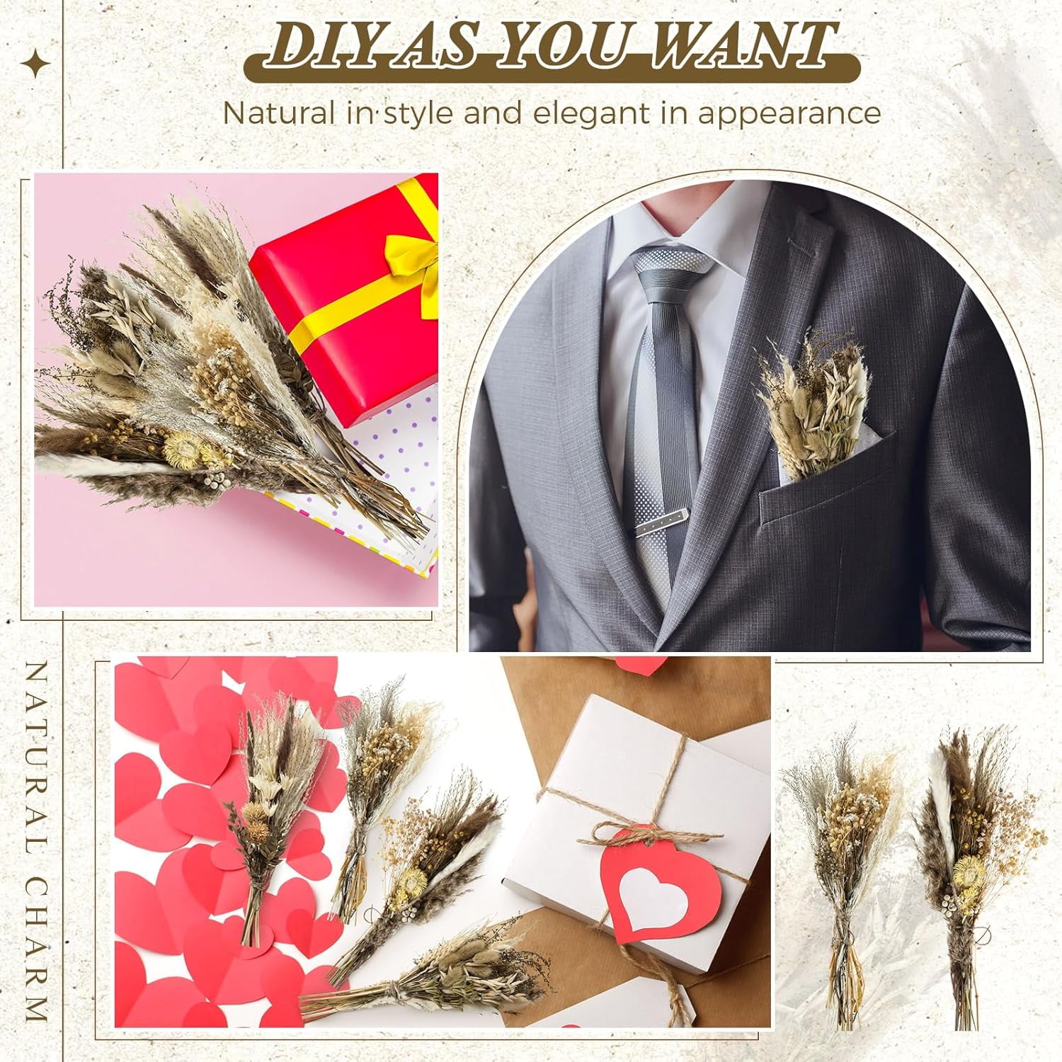 4 Pack Large Size Boho Dried Flower Bouquet 15-17 Inch Wedding Handmade Dry Flowers for Vase Crafts DIY Photo Boutonniere for Men Floral Plant for Bridesmaid Gift Birthday Decor(Classic)