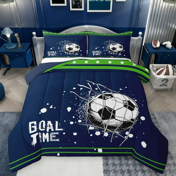 Feelyou Cartoon Football Soccer Bedding Comforter Set, Navy Green Stars Lines Twin Comforter Sets, Teens Kids Boys Girls Reversible Bedding Set, Super Cozy Room Decor, 2-Piece