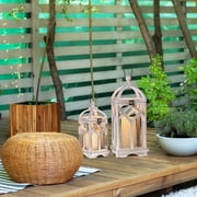 Nuptio Wood Lanterns Decorative Indoor & Outdoor - 12 / 16 Set of 2 Farmhouse White Wooden Candle Holder Lanterns for Wedding Centerpiece Fireplace Mantle Patio Outdoor Decor