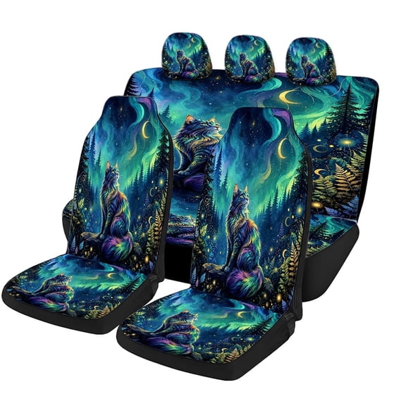 Taplcvy Aurora Forest Cat Car Seat Covers 5 Piece Full Set, Lightweight Mesh Fabric Universal Fit Protectors for Sedans, SUVs, Vans and Pickup Trucks, Colorful Night Vehicle Interior Decor Set