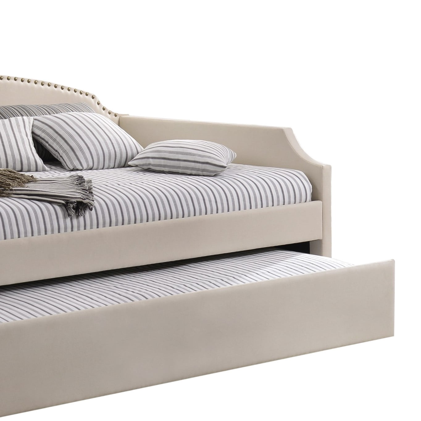 Home Design Yamna Twin Daybed with Linen Upholstery, Pull-Out Trundle, and Nailhead Trim, Stylish and Comfortable Design for Bedroom, Beige