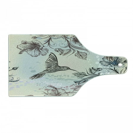 

Hummingbird Cutting Board Birds and Hibiscus Flowers Nostalgia Antique Design Classical Print Decorative Tempered Glass Cutting and Serving Board Wine Bottle Shape Teal Brown by Ambesonne