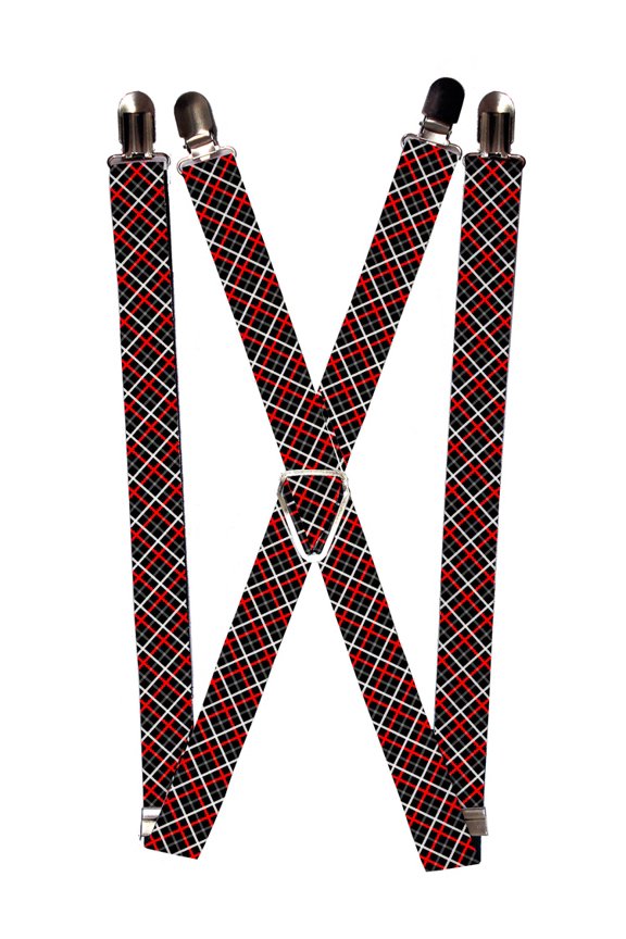 Black Red Grey White Diagonal Diamond Checkered Pattern Suspenders