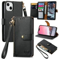ELEHOLD Wallet Case for iPhone 15, RFID Blocking 7 Card Slots Magnetic Zipper Purse with Wristlet Strap Stand PU Leather Shockproof TPU Shell Compatible with iPhone 15  6.1",Black