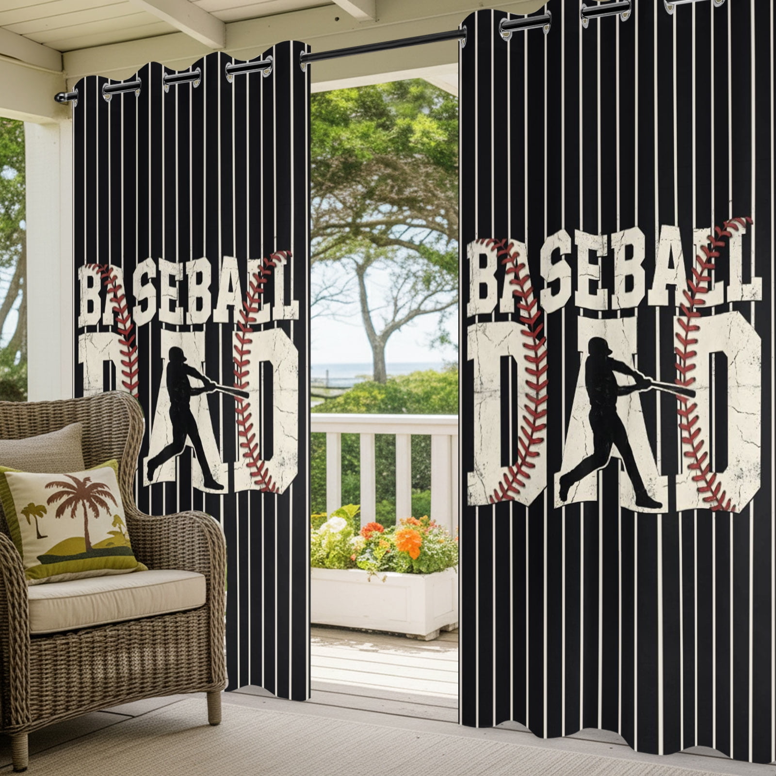 Baseball Dad Outdoor Curtains for Patio, Father's Day Strip Sport Black Background Sunshade Privacy Drapes Grommet Waterproof Outside Curtains for Porch/Cabana/Balcony 54"x 108", 1 Panel