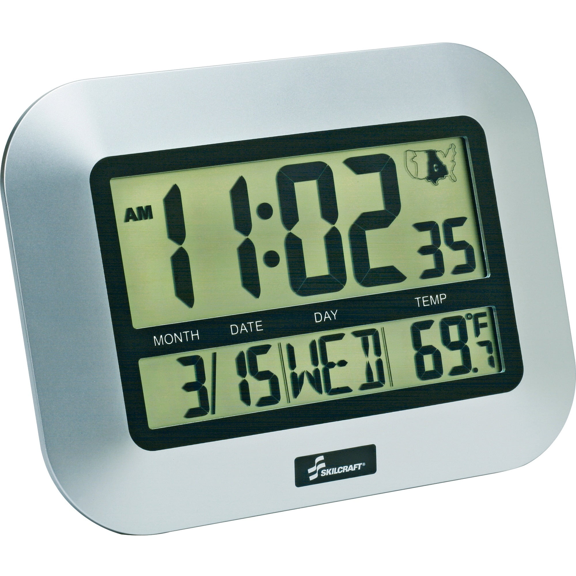 SKILCRAFT, NSN6611877, LCD Digital Display Clock, 1 Each, Silver