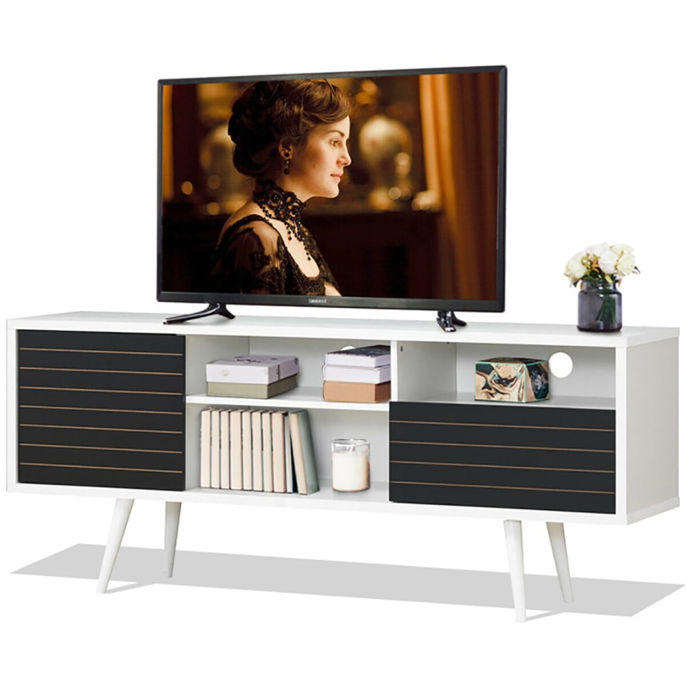 Finihen TV Stand, TV Cabinet, Mid-Century Modern TV Stand for TVs up to 65 Inch with Storage Shelves, Media Entertainment Center with Storage, for Living Room, Bedroom, Black & White