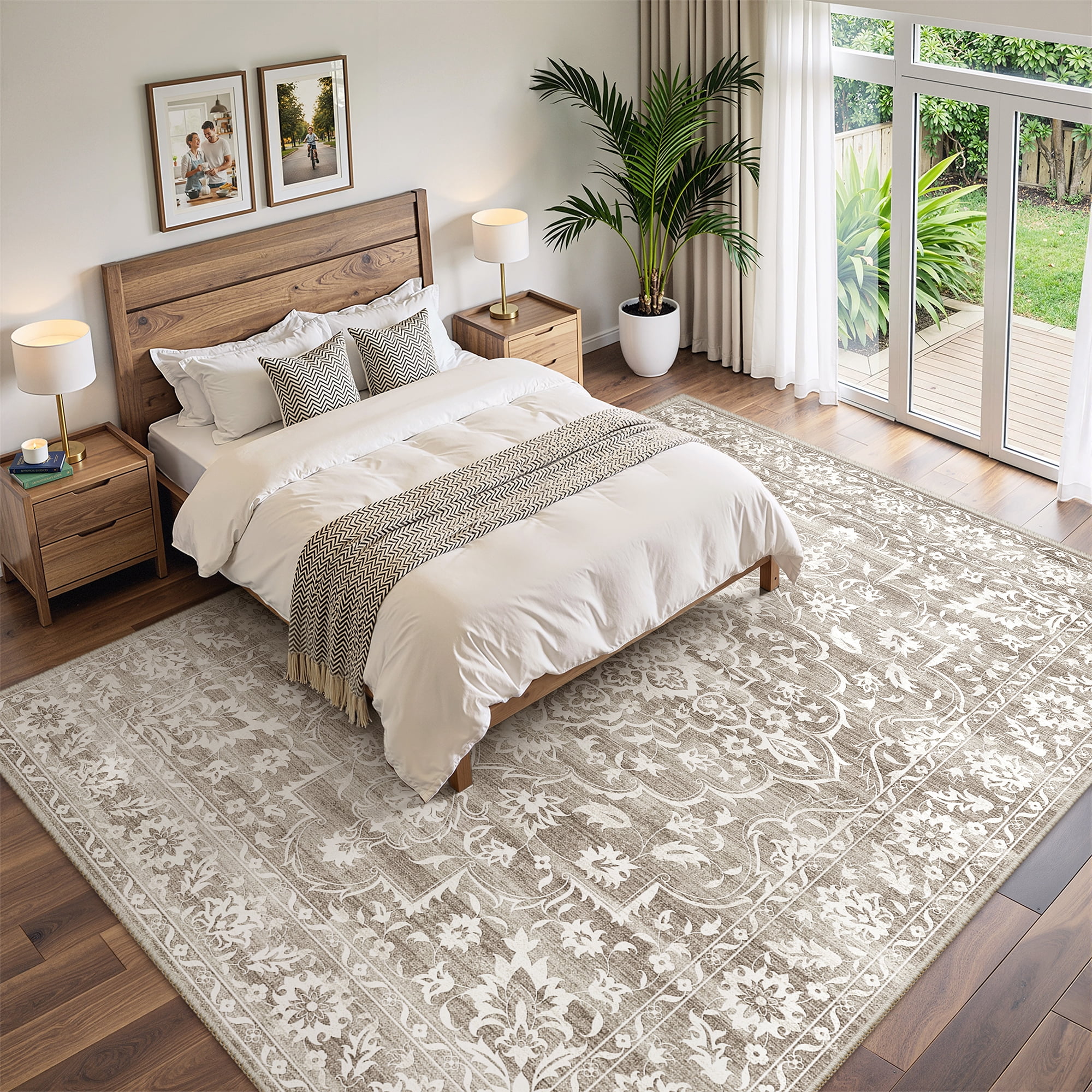 Roxstand 10x14 Area Rugs for Living Room, Stain Resistant Floral Vintage Washable Rugs, Non-Slip Thin Farmhouse Brown Rugs(10'x14', Brown)