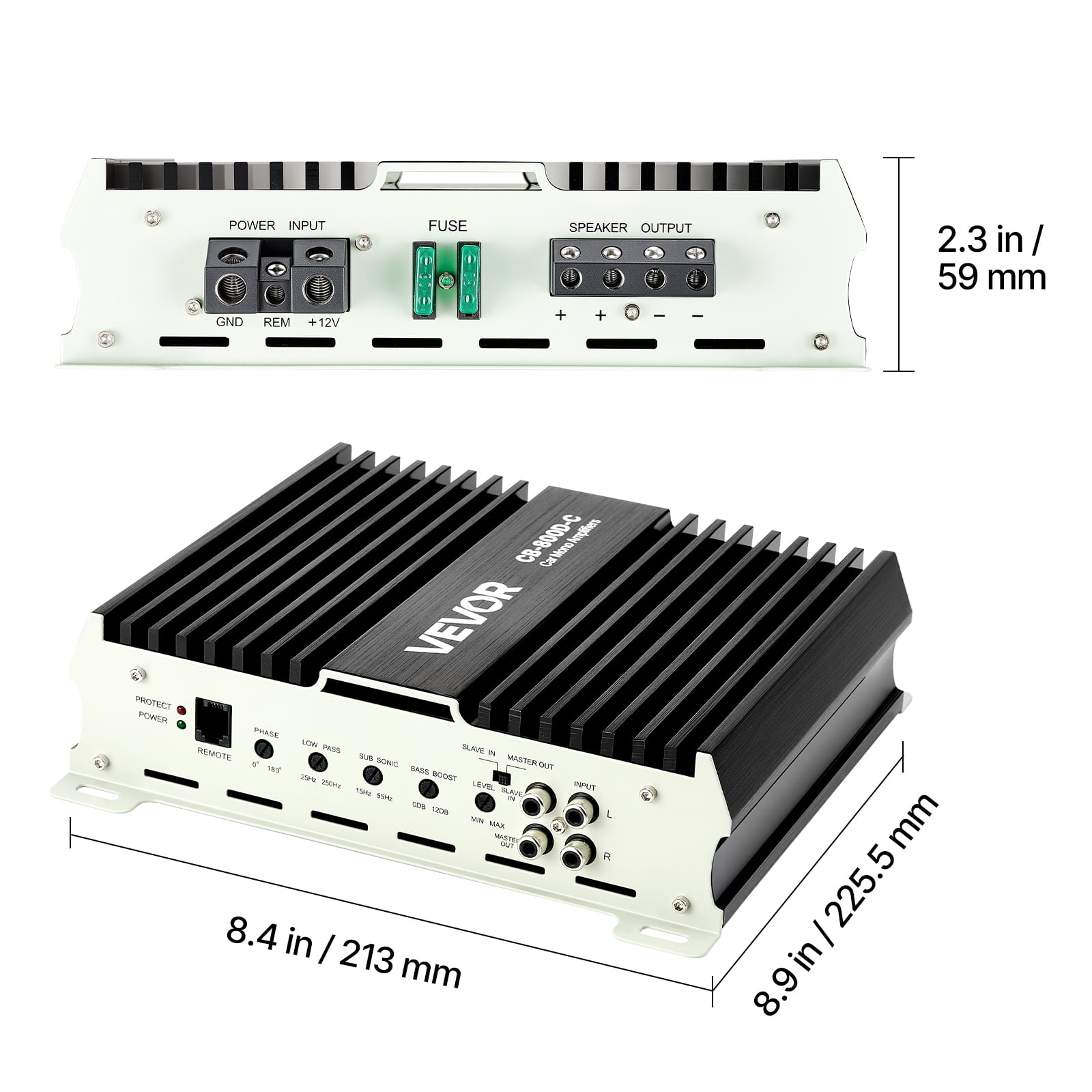 VEVOR Monoblock Car Amplifier, 800W RMS MAX, 1/2/4 Ohm Stable, 1-Channel Class D Car Audio Amplifier with Remote Subwoofer Level Control, Low Pass Filter, Bass Boost & Phase Shift, Volume Controller