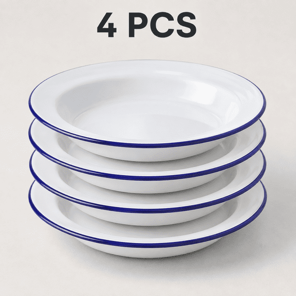 ABPETE Pack of 4 Enamel Plates, 6.3 Inch Unbreakable Enamelware Dinner Serving Platter Trays, Retro Salad Pasta Bowls Round Shallow Bowls with Blue Rim for Dinner, Outdoor, Camping, Picnic, BBQ