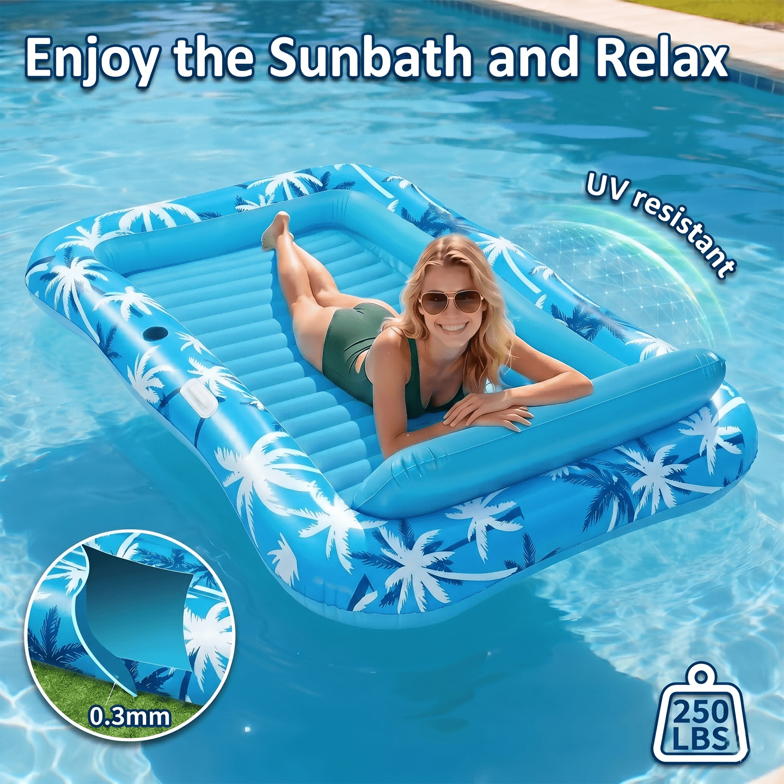Inflatable Tanning Pool Lounger Extra-Wide with Integrated Cooling Sprinkler – 77" x 48" Sunbathing Float & Personal Soak Tub for Adults, Heavy Duty 6-in-1 Water Oasis for Backyard & Poolside