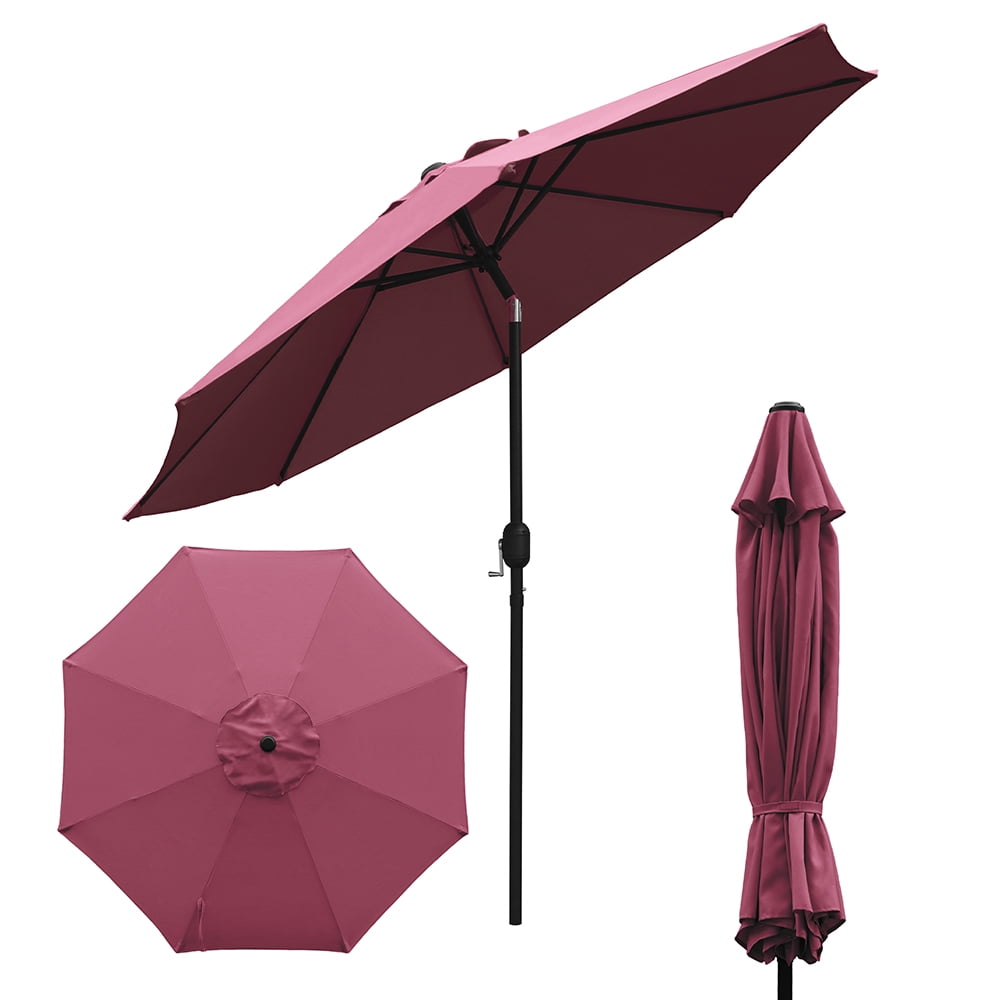 Kool Outdoor 9ft Patio Umbrella with Crank Handle and Push Button Tilt, Outdoor Market Umbrella with 8 Ribs - Burgundy