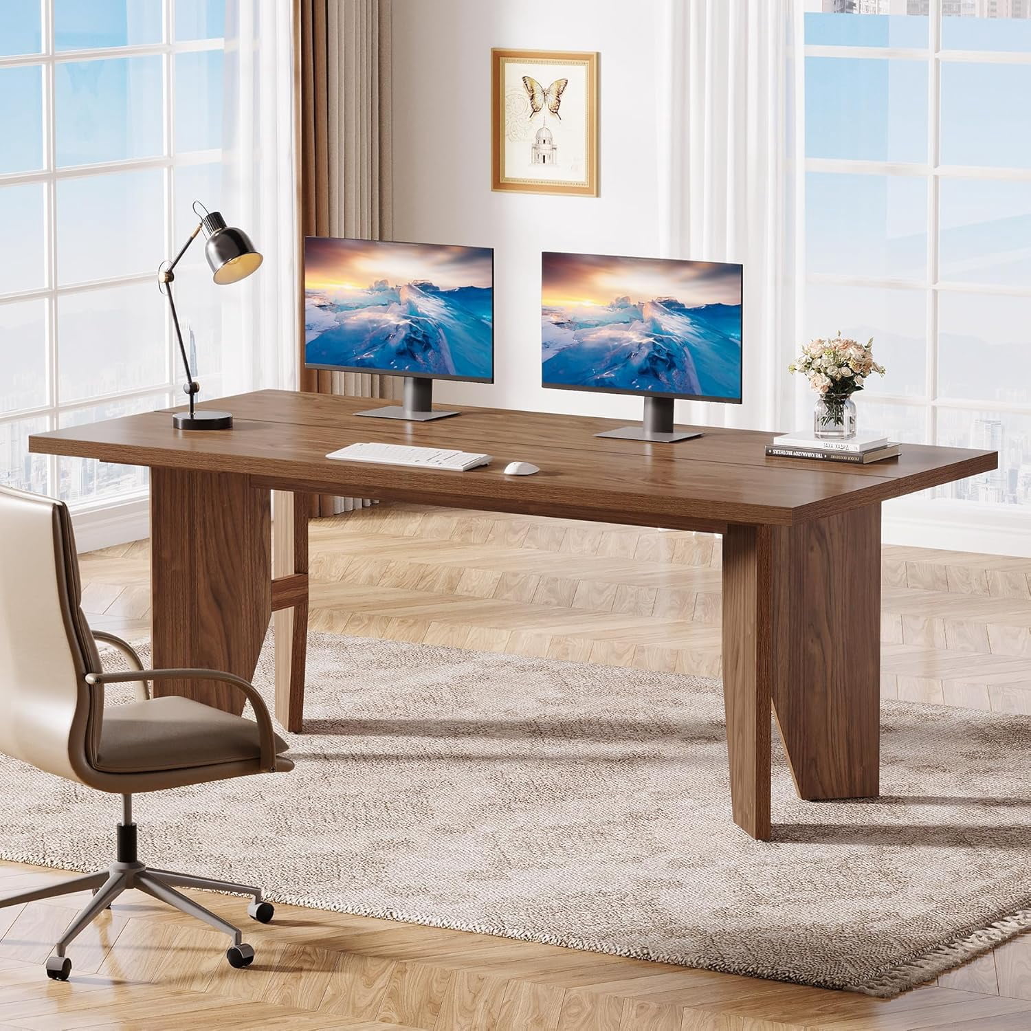 Tribesigns 63" Executive Desk, Farmhouse Computer Desk with Sturdy Legs for Home Office, Brown