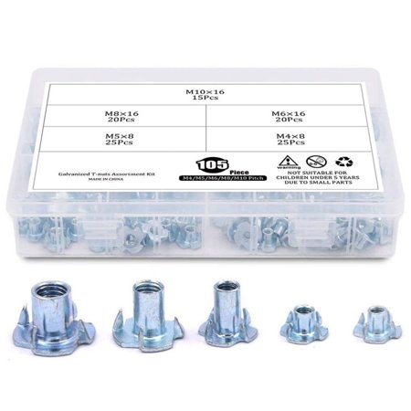 

105 Pieces of M4 5 6 8 10 Galvanized Steel T-Nut Four-Claw Nut Sorting Kit Suitable for Wooden Cabinet Furniture