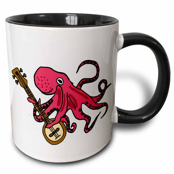 3drose, Funny Cool Octopus Playing Banjo Cartoon, 11oz Two-tone Black Mug