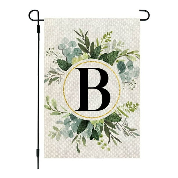 Bandera de lino para jardín, estilo Ins, con estampado de 26 letras y plantas verdes, con la primera letra del apellido, ideal para colgar en la puerta del patio.