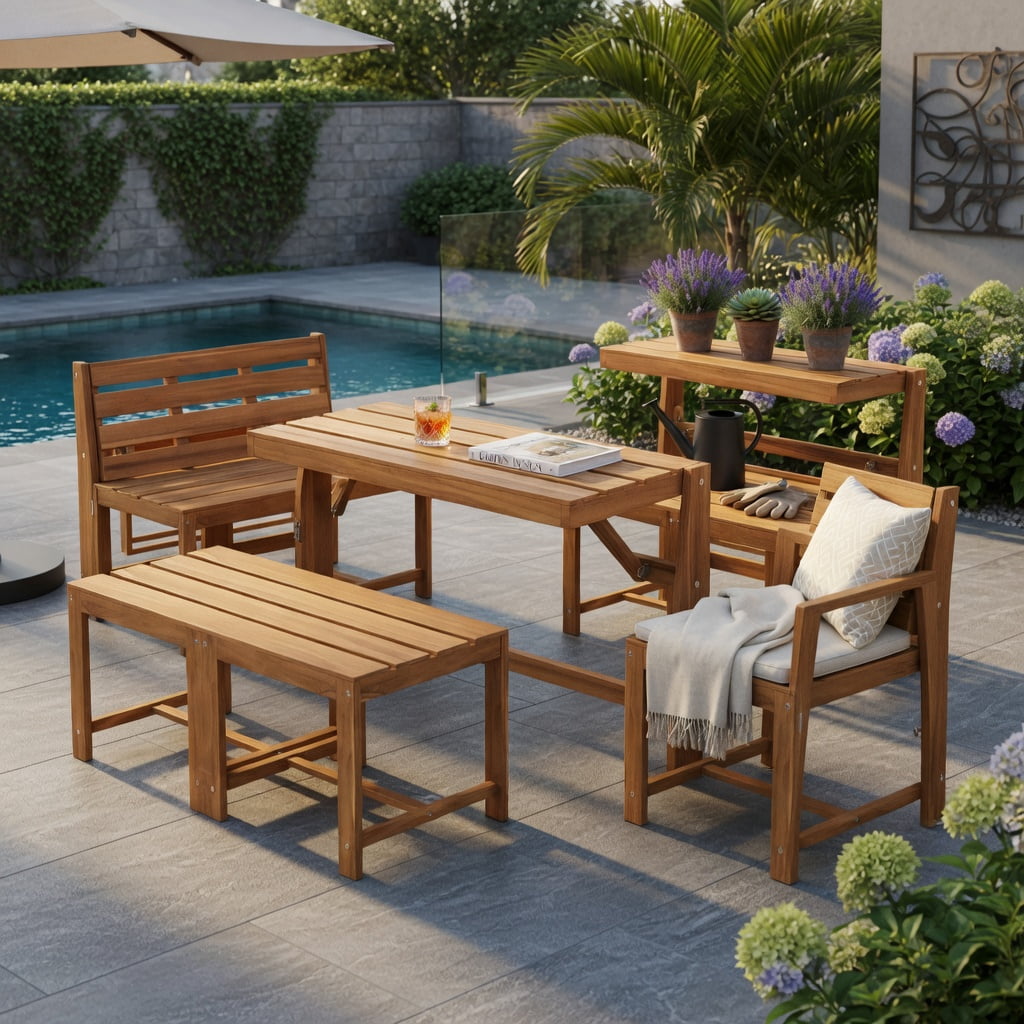 Hommoo 3-in-1 Outdoor Acacia Wood Loveseat Bench, Convertible Table & Chairs Set or Plant Stand, Wooden Garden Seating for Patio, Deck, Backyard, Natural