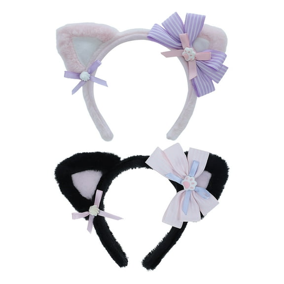 D-GROEE Women Headband Cat Ears Lolita Bow-knot Plush Hair-fixed Cosplay Cartoon Anime Anti-slip Lady Hair Band for Party