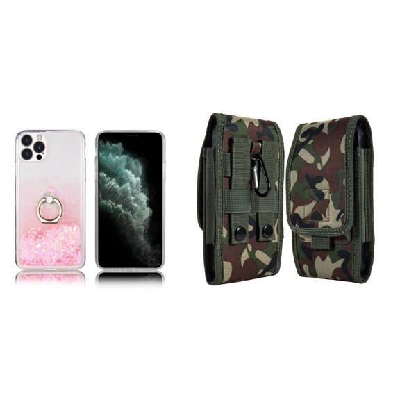 Waterfall Liquid Glitter Stand Case and Belt Holster Pouch for iPhone 14 Pro (Pink/Jungle)