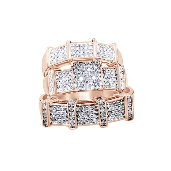 AFFY Round Cut White Cubic Zirconia Engagement and Wedding Trio Band Ring Set In 10k Solid Rose Gold (0.69 Cttw)