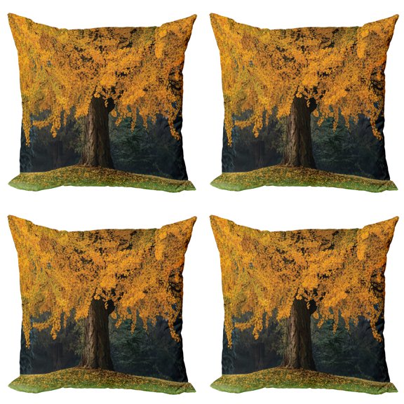 Ambesonne Fall Throw Pillow Cover 4 Pack, Leaves Tree Autumn Season, 16", Earth Yellow Brown