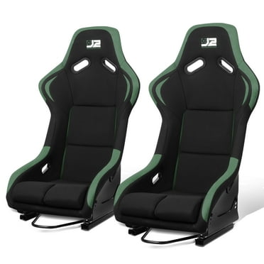 J2 Engineering Pair Universal Bucket Racing Seats Black Green Fiberglass Ergonomic Design with Side Mount Brackets