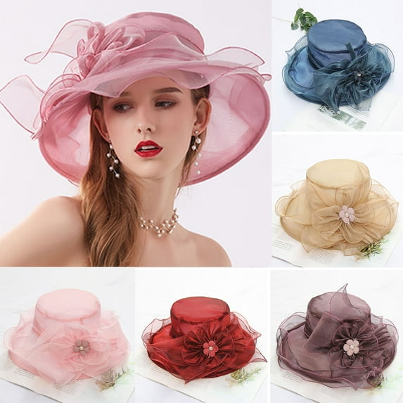 Cheers.US Women Kentcky Derby Church Hat Organza Flower Wide Brim Fascinator Hats for Wedding Tea Party