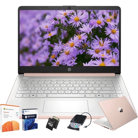 HP 14" Student Business Laptop Computer - 1-Year Microsoft Office 365 & Windows 11 Pro • 16GB RAM • 128GB UFS & 256GB Extend Micro SD • Intel 4-Core Processor • HD Display (Rose Gold)