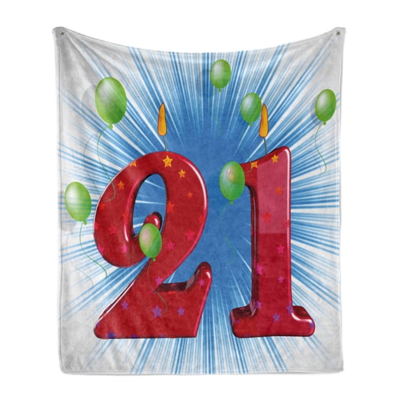 21st Birthday Soft Flannel Fleece Throw Blanket, Blue and White Colored Abstract Backdrop with the Party Balloons, Cozy Plush for Indoor and Outdoor Use, 50" x 70", Pale Green and Red, by Ambesonne