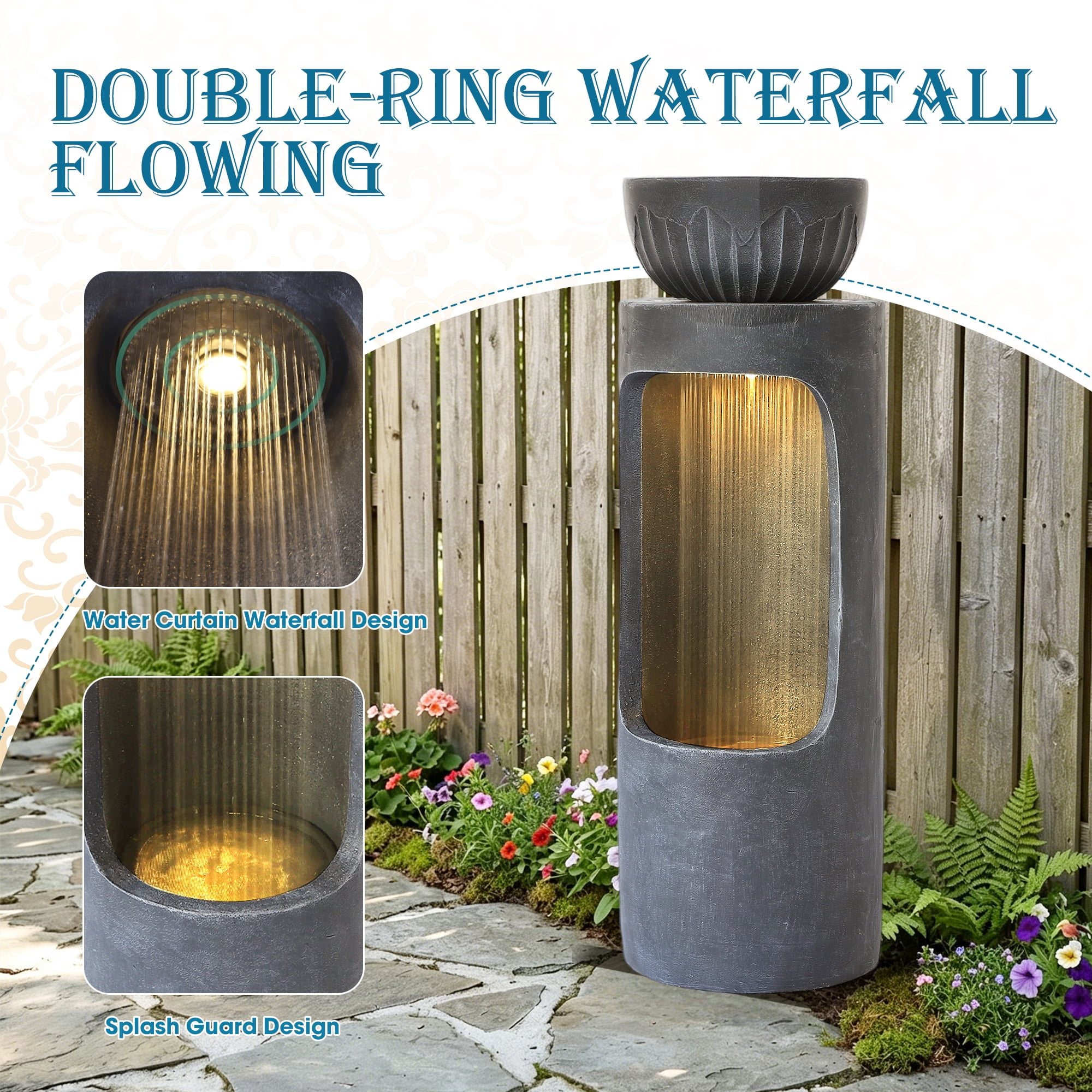 Haverchair 37.2''H Outdoor Water Fountain with LED Light, Large Column Garden Waterfall Foutains with Bird Feeder, Indoor Cascading Resin Water Feature w/Plant Pot for Patio, Porch and Home Decor