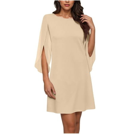 Efsteb Women s Summer Dresses Casual Resort Dress Loose Short Sleeve Solid Color Crew Neck Flutter Sleeve Cocktail Dress Chiffon Formal Wedding Guest Party Short Dresses Size:M