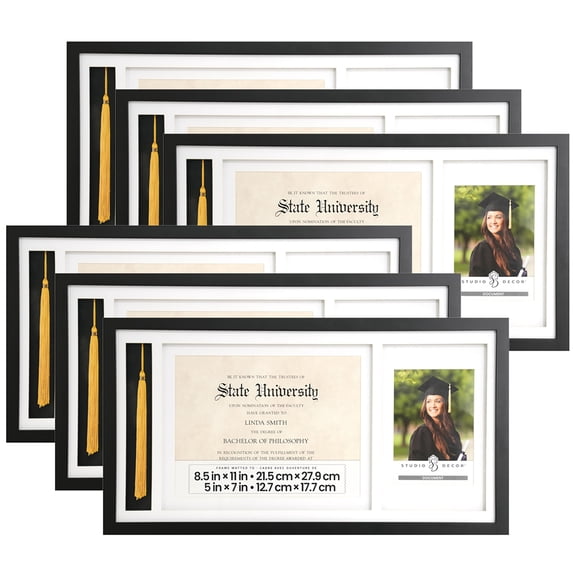 Black Graduation Certification & Tassel Frames by Studio Decor – Holds 5" x 7" Photo - 8.5" x 11" Document - and 1 Standard Tassel - White Mat - Wall Mount with Turn Button - 6 Pack