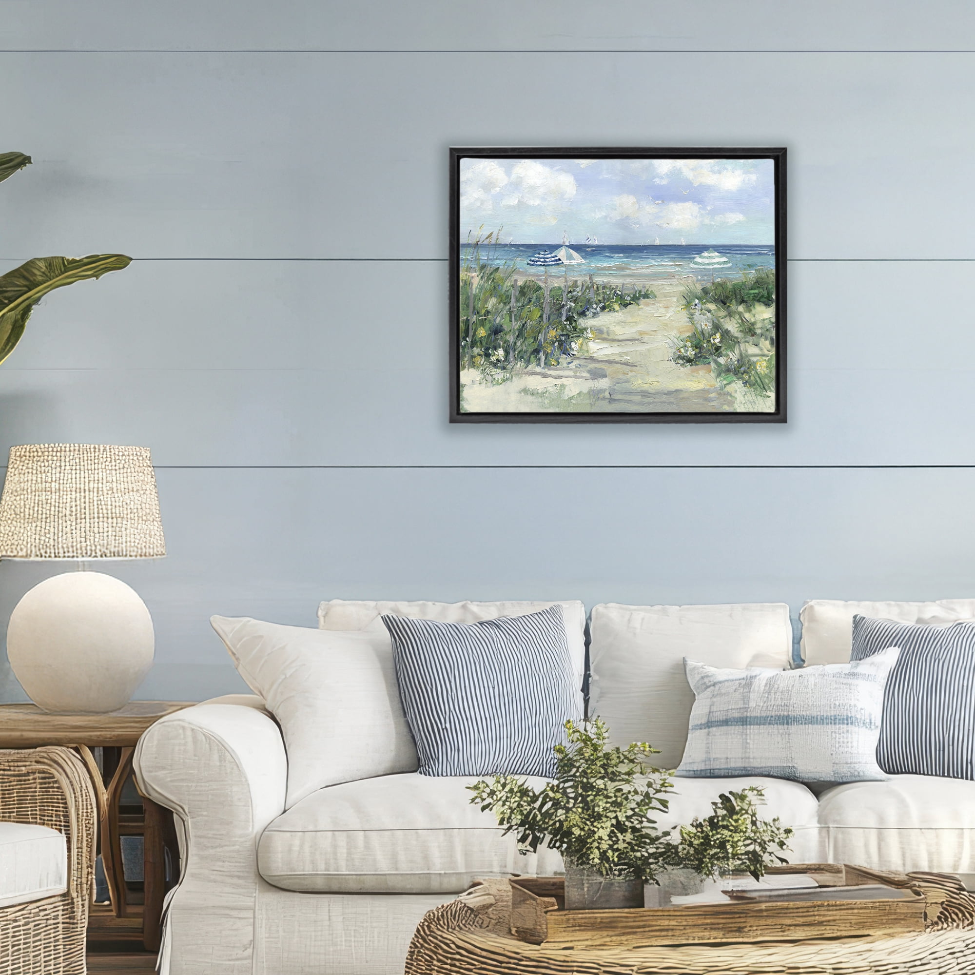 Stupell Industries Seaside Path To Striped Umbrellas Black Framed Floater Canvas Wall Art, design by Sally Swatland